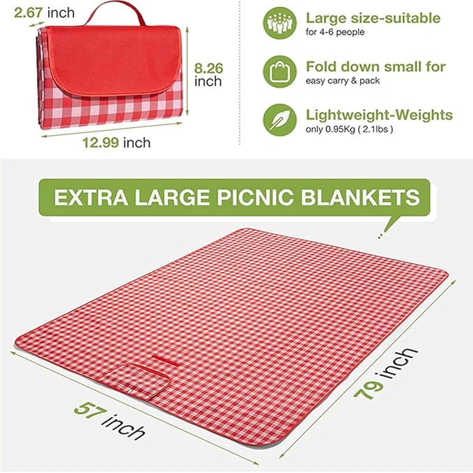 PUPOPIK Outdoor Picnic Blanket, Foldable Waterproof Sand Beach Mat in Large 80x60in for Beach Camping Hiking Travel Family Concerts Portable Beach Blankets (Red)