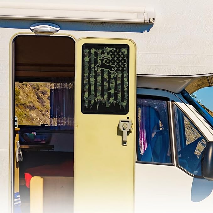 American Flag Deer RV Door Sun Shade Cover with UV Protection and Privacy Features, RV Door Window Cover Accessories Fits for Most Rv Interior Door Window