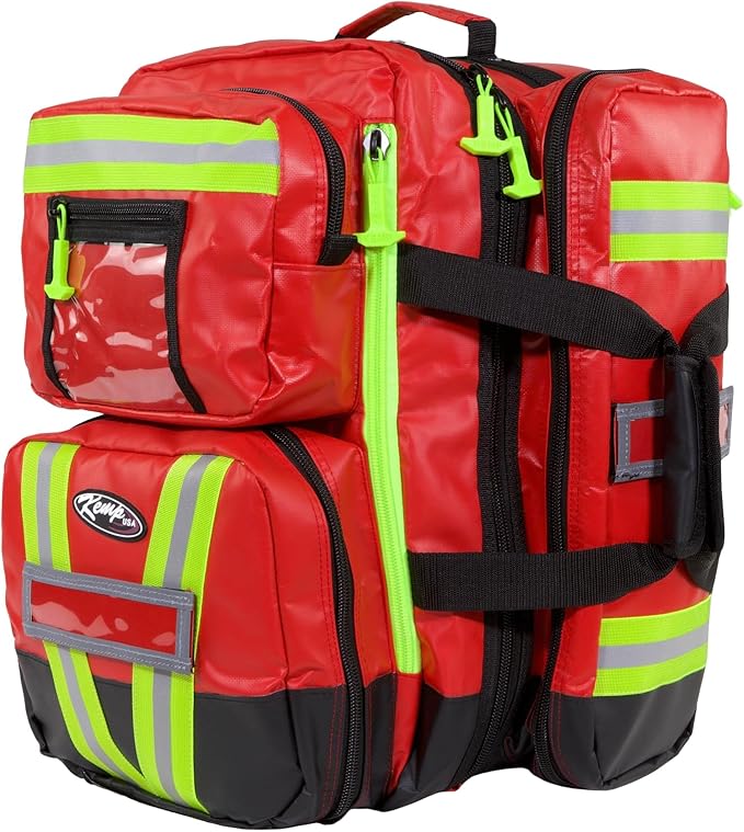 Kemp USA Heavy-Duty EMT Bag, Made with Fluid-Resistant Tarpaulin Material - Emergency Survival Kit with Room for D O2 Tank - Medical Backpack with Multiple Handles (Tarpaulin Fabric Red)