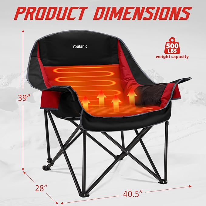 Youtanic Heated Camping Chair, 3 Heat Levels Oversized Padded Lawn Chair with Side Pockets and Cup Holder, Outdoor Heating Folding Camp Chair for Adults, Fishing, Sports, Picnic, up to 500lbs, Style 2
