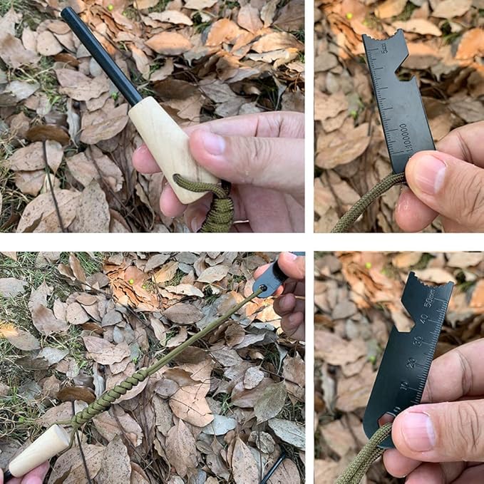 Fire Starter Survival Kit, Larger Ferro Rod with Striker Lanyard 3in Long Flint and Steel, 13.8in Wick Hemp Cord, Multifunctional Bag