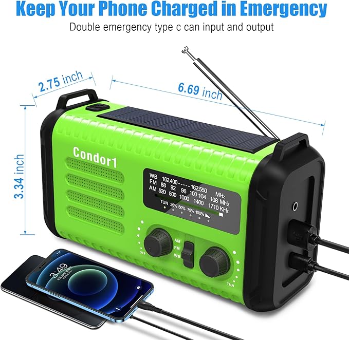 20000mAh Solar Hand Crank Emergency Radio, NOAA Portable Emergency AM/FM Radio with LED Flashlight Reading Lamp SOS Alarm USB-C Cell Phone Charger for Hurricane Survival