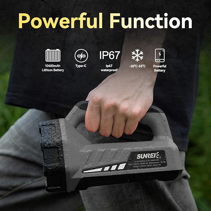 SUNREI Rechargeable LED 1500LM Flashlight, 8 Light Modes Portable Camping Lantern, 10400mAh Power Bank, IP67 Waterproof for Emergencies Power Outages, Hurricane Emergency, Hiking, Home, etc