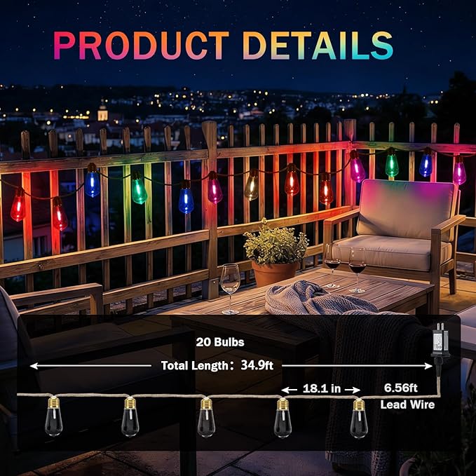 (New) Outdoor String Lights, LED Patio Lights, 24FT Waterproof Shatterproof Fairy Lights, 8 Modes Colorful Hemp Rope String Lights for Garden, Yard, Party, Christmas Decor