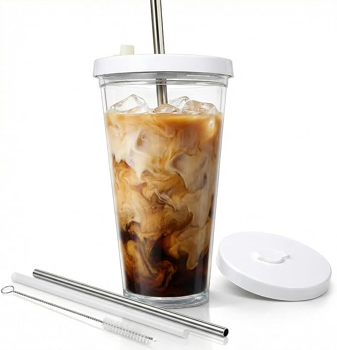 Kensal Home Reusable Iced Coffee Cup (16 Oz/Grande), Leak Proof and Double Wall Insulated Iced Coffee Tumbler, Come with Reusable Plastic and Metal Straws and Straw Cleaner - White