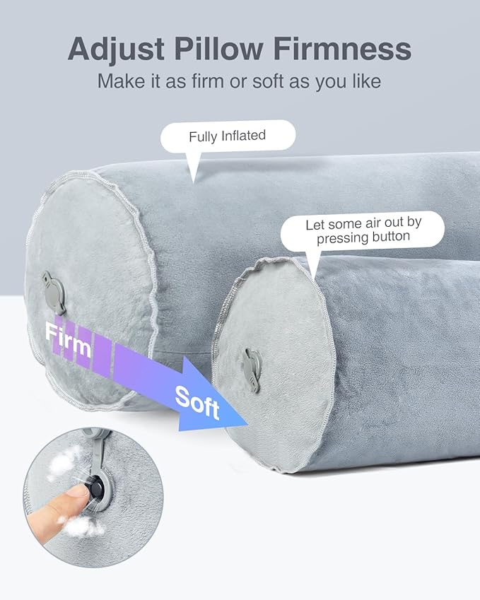 Luxtude Inflatable Body Pillow for Adults Kids, Travel Body Pillow with Soft Velvet, 35Inch Long Bolster Pillow for Bed, Round Cervical Roll Cylinder Pillow for Sleeping, Back, Neck etc.