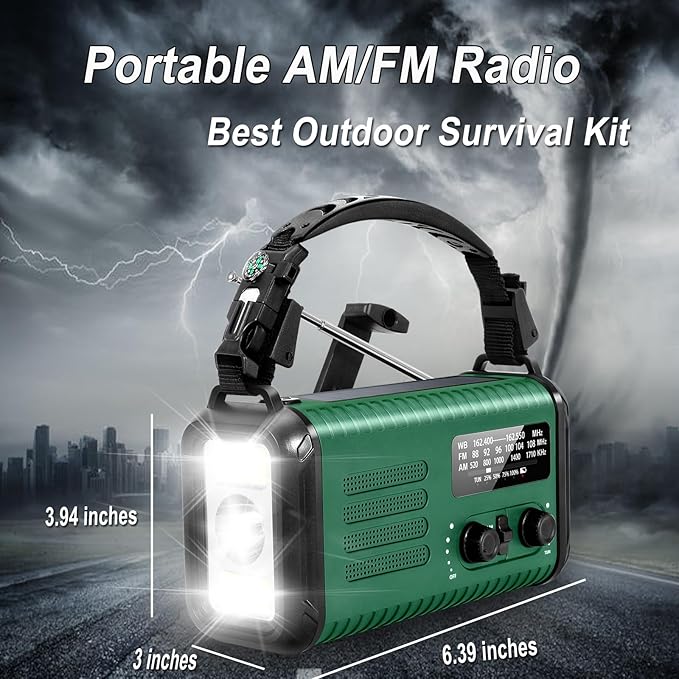 Emergency Hand Crank Radio, NOAA Weather Radio, 20000mAh Rechargeable Solar AM/FM Radio, Portable USB-C Fast Charger, Flashlight, Reading Lamp SOS Alarm for Hurricane Storm Camping Hiking (Green)