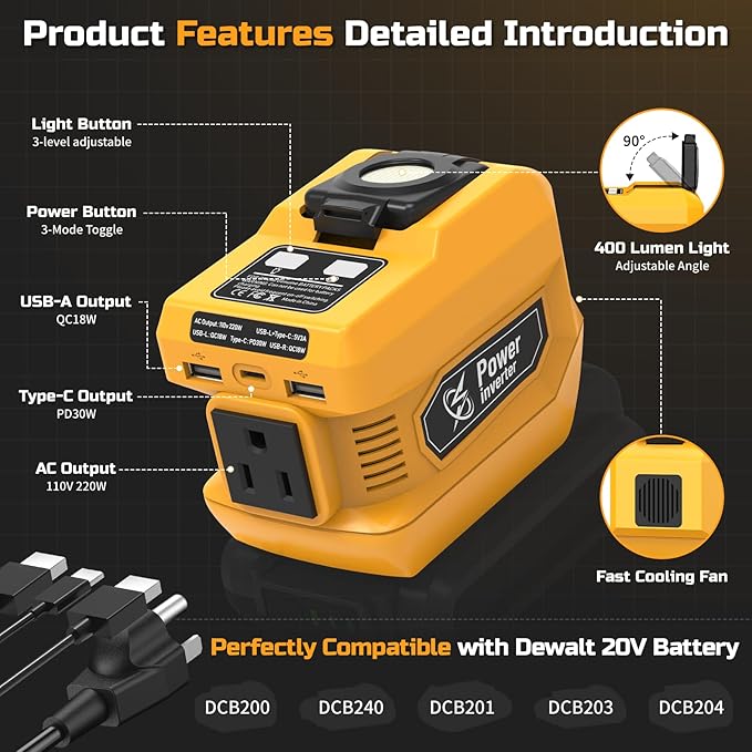 220W Power Inverter Compatible with Dewalt 20V Battery, DC 20V to AC 110V Portable Power Station Generator with 1 AC Outlet, 2 USB Ports & 1 Type-C Fast Charging, 400LM LED Work Light (2-Pack)
