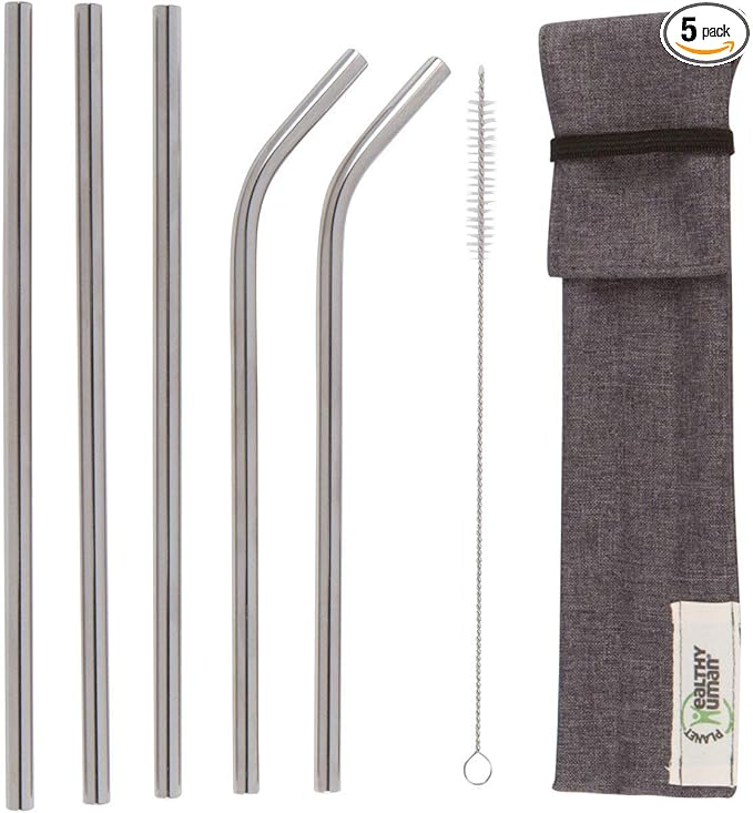 Healthy Human Set of 5 BPA Free Reusable Metal Drinking Stainless Steel Straws with Portable Travel Case -Ideal for 20oz Tumblers - 3 Straight - 2 Bent & Straw Cleaner