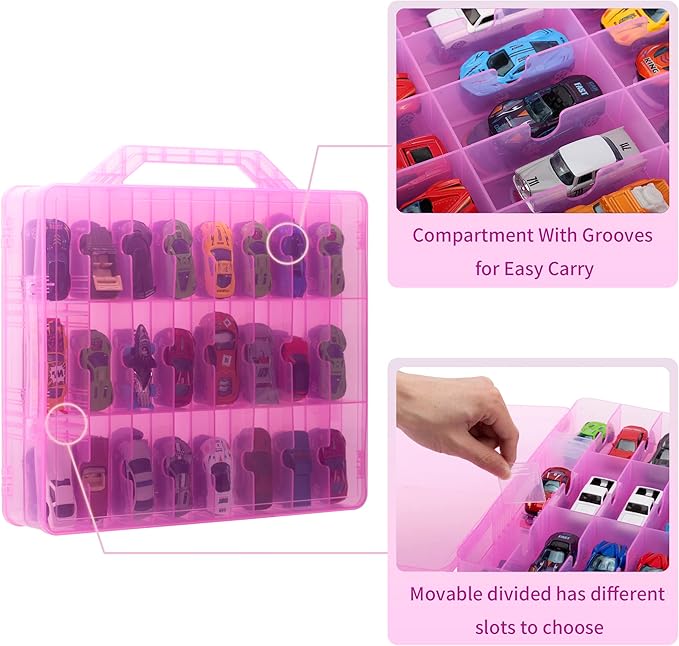 KISLANE Double Sided Toy Car Storage Case for 48 Cars, Pink, Rectangular, Plastic, Wall Mount, 13.4 x 11.8 inches