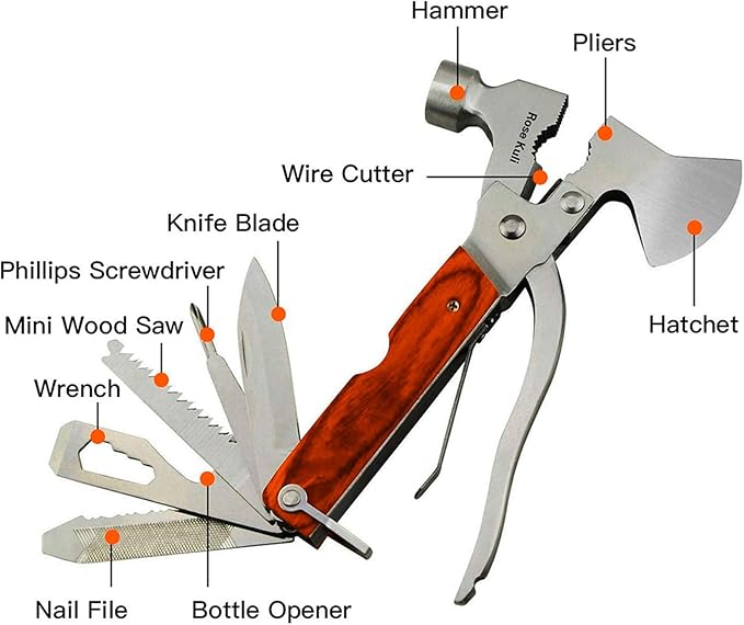 18-in-1 Multitool Camping Axe Hammer, Multi Tool with Plier, Knife, Bottle Opener, Survival Gear for Outdoor Hunting Hiking, Emergency Escape Tool, Birthday Gifts for Men Dad Husband Boyfriend