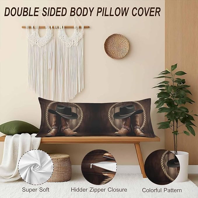 Decorative Body Pillow Covers 20x54inch Cowboy, American Western Cowboy Boots Super Soft Body Pillow Case Cushion Cover Wrinkle Fade Body Pillowcases for Bed/Sofa/Couch/Patio/Balcony