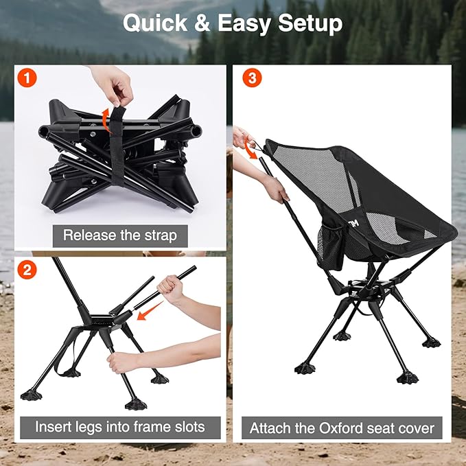 Trakiom 360° Swivel Folding Camping Chairs, Compact and Portable Chair for Outdoor Camp, Foldable Chairs with Anti-Sinking Large Feet for Travel, Beach, Picnic, Sports, Fishing Support 300 LBS(Black)