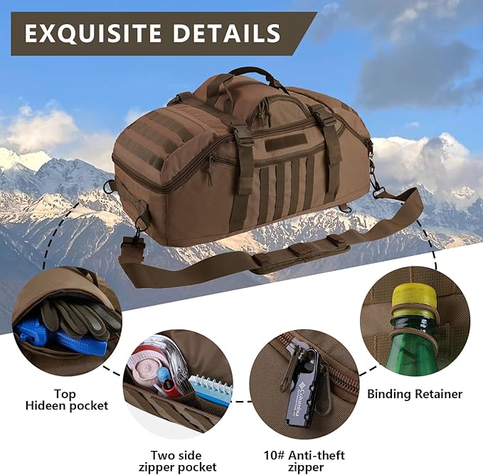 Hannibal Tactical 65L Large Duffle Bag, 3-in-1 Tactical Backpack MOLLE Pack for Sports, Gym, Outdoor, Dark Brown