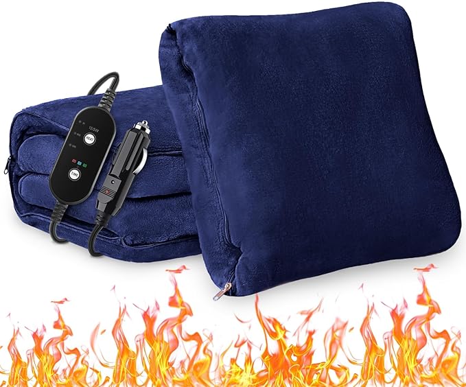 Car Heated Blanket, 12/24V Portable Heated Blanket for Car, Machine Washable Flannel Travel Blanket, 3 Heating Levels, 60x44 Inches, 4-in-1 Design, Convenient for Camping,Navy Blue