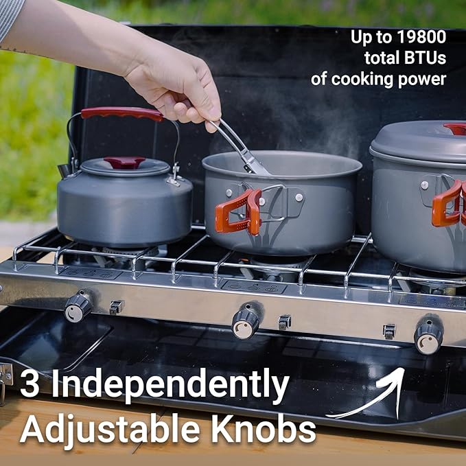 FineFlame 3-Burner Propane Camping Stove, Portable Camp Stove with Adjustable Burners and Push-Button Instant Ignition, Portable Camping Grill, Built-in Carrying Handle for Outdoor Cooking (19800 BTU)
