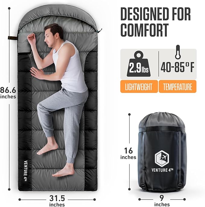 VENTURE 4TH Backpacking Sleeping Bag – XXL, Double and Single Sizes - Lightweight Warm & Cold Weather Sleeping Bags for Adults, Kids & Couples – Ideal for Hiking, Camping & Outdoor Adventures