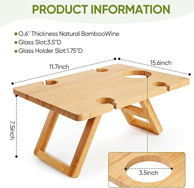Bamboo Wine Picnic Table, Foldable Portable Charcuterie Tray with Bottle Slot and 4 Glass Holders, 15.6 x 11.7 x 7.5 in, for Beach, Park, Camping