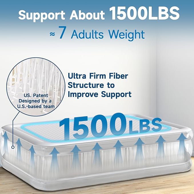 CHERIMOR Queen Air Mattress with Built-in Rechargeable Pump, 1500 lbs Heavy-Duty Support, 16" Raised Upgraded Firmness Blow Up Mattress, Fast 3-Min Inflation, Inflatable Bed for Home, Guests & Camping