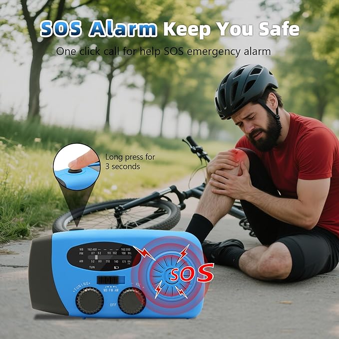WVL Hand Crank Weather Radio, NOAA Emergency Radio Portable AM/FM Solar Powered 7400mWh with Flashlight, SOS Siren & Phone Charger for Camping & Survival(Blue)