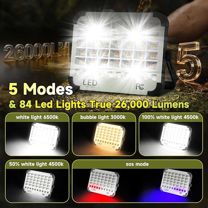 300W LED Solar Work Light Rechargeable, Sinear 26000LM Magnetic Portable Light, 26000mAh with 5 Modes, IP66 Waterproof for Outdoor Camping, Car Repair, Building, Workshop, Garage, Emergency