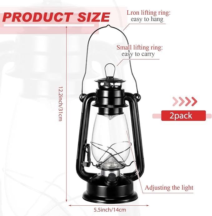 Hortsun 2 Pcs 12 Inch Vintage LED Hurricane Lantern Metal Black Outdoor Battery Operated Hanging Lantern with Warm LEDs and Dimmer Switch for Indoor Rustic Farmhouse Country Camping Decor