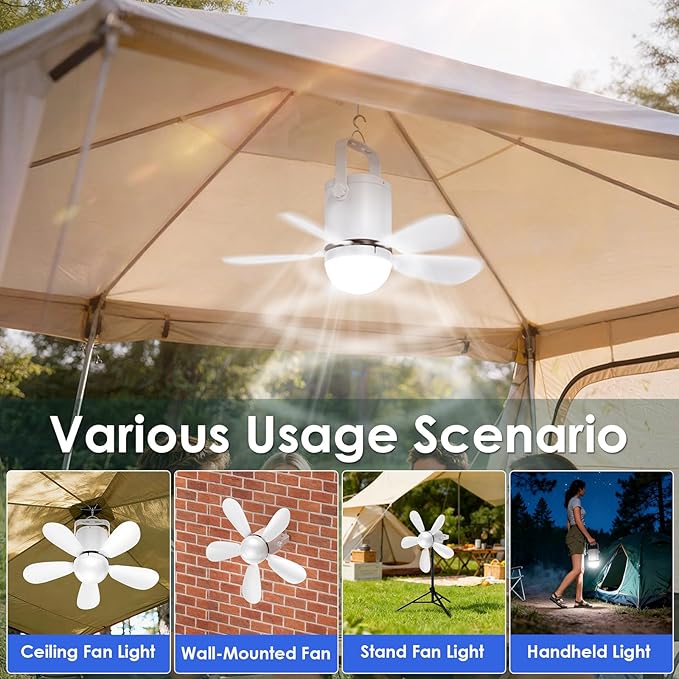 21” Ceiling Fan Light, Battery Operated Gazebo Fan Light with Remote, Portable Rechargeable Ceiling Camping Fan Light for Outside, for Tent Canopy Porch Patio Greenhouse Camping RVs Pergola
