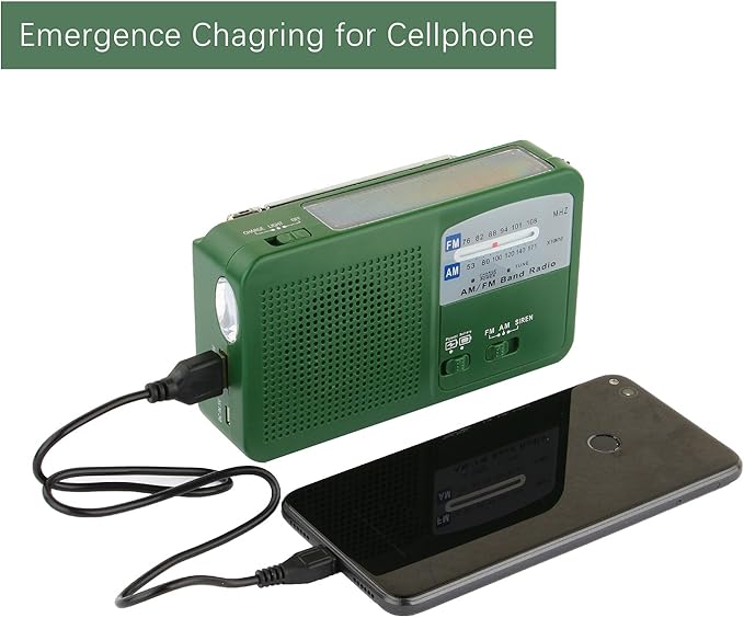 Emergency Radio with Solar and Hand Crank Self Powered, Battery USB Recharging FM/AM Radio LED Flashlight Cell Phone Charger(Green)