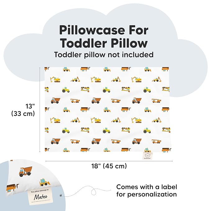 KeaBabies 13x18 Toddler Pillowcase, Waterproof - Soft Waterproof Toddler Pillow Protector Cover for Kids, Boys, Girls, Durable Machine Washable, Small Travel Pillow Sold Separately (Construction)