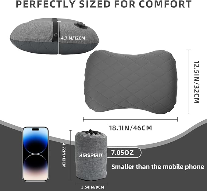 AIRSPIRIT Inflatable Camping Pillow Ultralight Adjustable Firmness, TPU Travel Pillow for Neck & Lumbar Support, Hiking, Backpacking, Airplane, Car Travel & Beach with Removable Washable Cover (Grey)