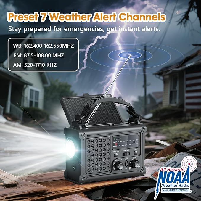Raynic NOAA Weather Radio 12000mAh, Emergency Weather Radio with 2X Faster Solar & Hand Crank Charging, 5W Flashlight, Reading Lamp, Cell Phone Charger, SOS for Hurricane, Storm, Camping (Black)