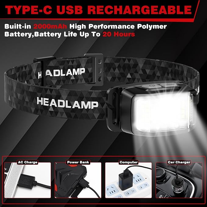 Headlamp Rechargeable,2 Pack 2000 Lumen Super Bright Led Headlamp,16 Modes Motion Sensor Head Lamp,Ipx6 Waterproof Lightweight Headlight,White Red Flashlight For Fishing Camping Hunting Essentials