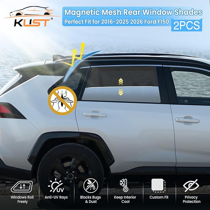 KUST Car Window Shades for 2016-2025 2026 Ford F150 Accessories, Breathable Mesh Magnetic Window Covers, Rear Back Side Window Sun Shades UV Block Privacy Protection for Baby Camping Napping 2PCS