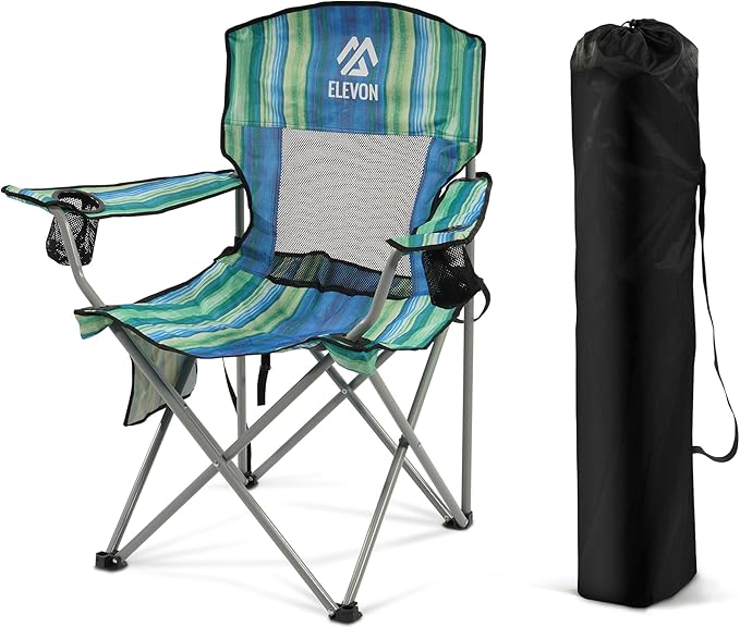 Elevon Camping Chair, Portable Folding Outdoor Chair with Arms, Cup Holder and Carry Bag