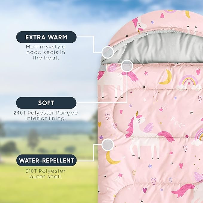 Wake In Cloud - Kids Sleeping Bag for Girls Toddlers, Camping in Warm Cold Weather, Backpacking Lightweight Compact Outdoor Liner for 3 Seasons, Celestial Unicorns