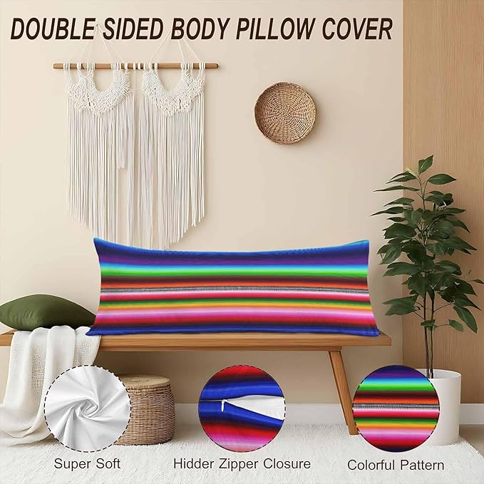 Mexican Boho Body Pillow Covers for Adults, Mexican Blanket Stripes Colorful Sleeper Pillow Covers Lumbar Body Cushion Cover 20"X54" Body Pillowcase for Home Bedroom Office Hotel
