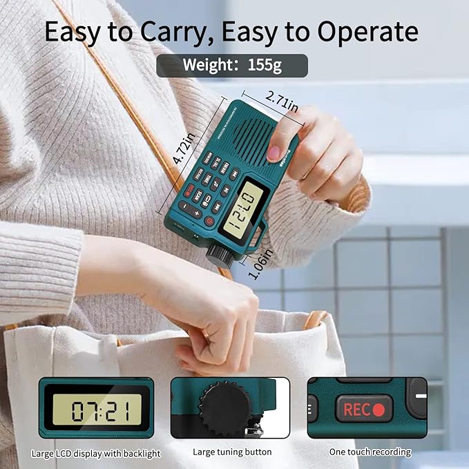 Portable AM/FM Radio, Digital Radio Recorder, Bluetooth 5.0, Alarm and Sleep Function, 12/24H Time Display with Large Digital Display