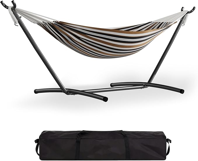 Garvee Double Hammock with Foldable Steel Stand and Carry Bag – Indoor/Outdoor Standing Hammock, 450 LBS Capacity, for Garden, Camping, Beach (Coffee)