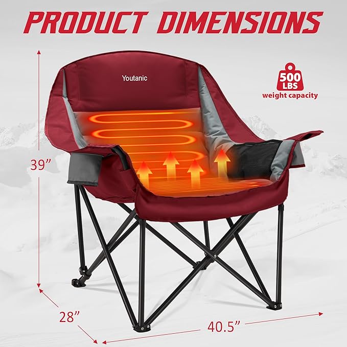 Youtanic Heated Camping Chair, 3 Heat Levels Oversized Padded Lawn Chair with Side Pockets and Cup Holder, Outdoor Heating Folding Camp Chair for Adults, Fishing, Sports, Picnic, up to 500lbs, Style 3