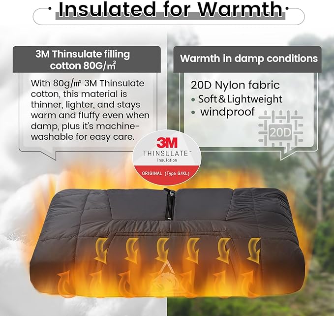 ONETIGRIS Camping Blanket Poncho with with Recycled Synthetic Insulation,Wearable Hoodie Blanket | Ultralight Water-Resistant Warm Camping Blanket for Outdoor, Hiking, Stadium