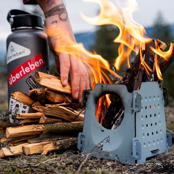 Überleben | Stöker Wood Burning Camping Stove – 18oz Flatpack Stainless Steel Wood Stove for Backpacking, Hiking & Outdoor Cooking – Portable, Folding Camping Essentials (Smokey Blue)