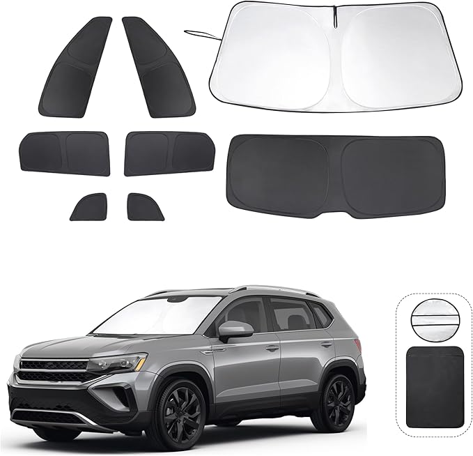 8PCS Windshield Sun Shade Custom Fit for 2022-2024 2025 Volkswagen VW Taos Accessories Foldable Sunshade Side Rear Window Shade Cover Full Set Privacy Protection Keeps Car Cool