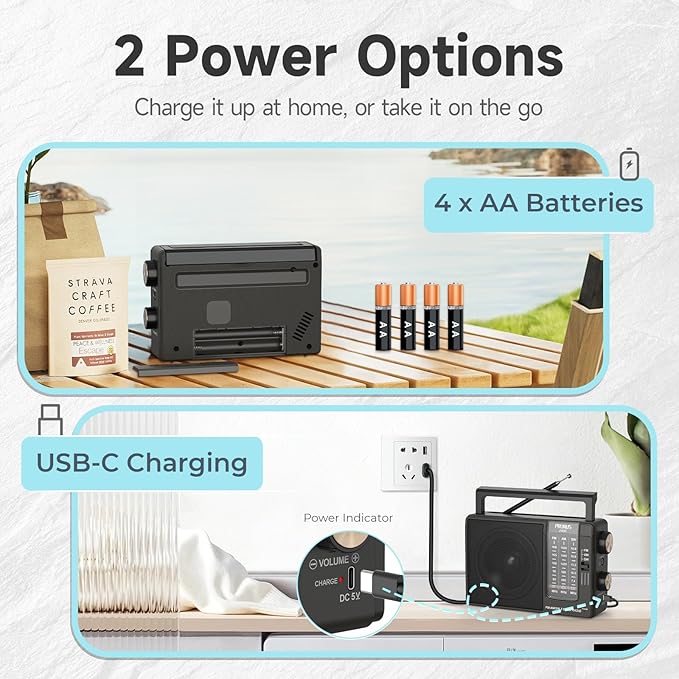 PRUNUS J03C AM FM Radio Portable USB or AA Battery Operated for Home/Outdoor, Large Speaker Excellent Sound, Excellent Reception 19.5 ant, Large Tuning Knobs,Gifts for Seniors, No,Internet Radio