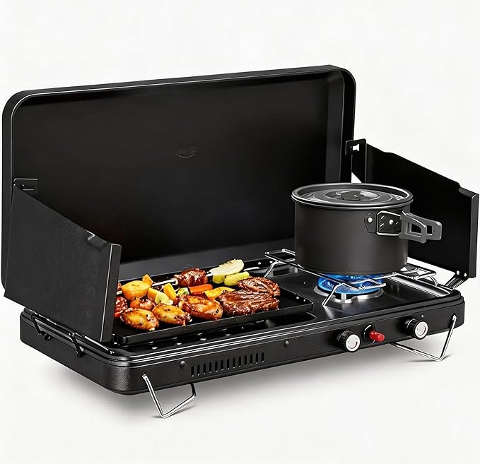 Bonnlo 2-in-1 Camping Stove with Propane Griddle, 15000 BTU Portable Gas Stove with Auto-Ignition, Foldable Windshield & Carry Handle, Camp Stove for Outdoor Cooking, BBQ, Frying, Camping, Tailgating