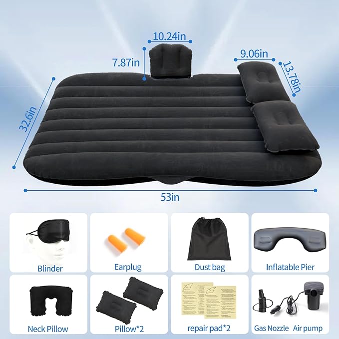 Onirii Inflatable Car Air Mattress Back Seat Bed with Air Pump,53 "x 32.6" Portable Thickened Car Travel Camping Sleeping Air Mattress Blow Up Bed for Car Universal SUV