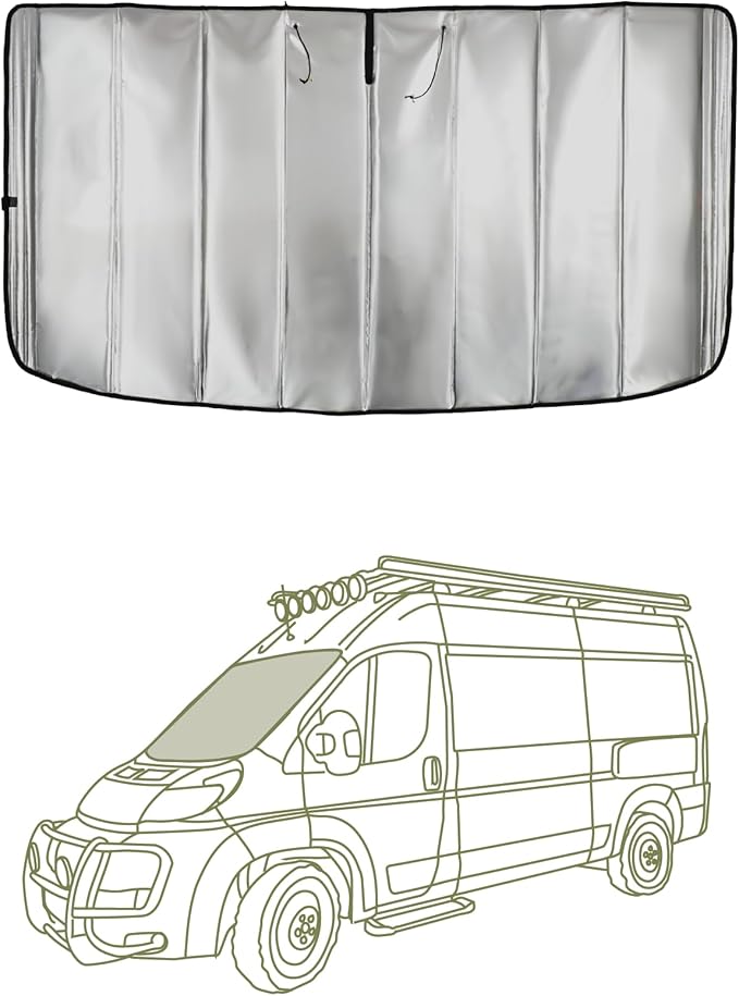 VanEssential Insulated Reflective Blackout Front Windshield Cover Designed for RAM Promaster Van Years 2014 to Current Model - Black Reflective