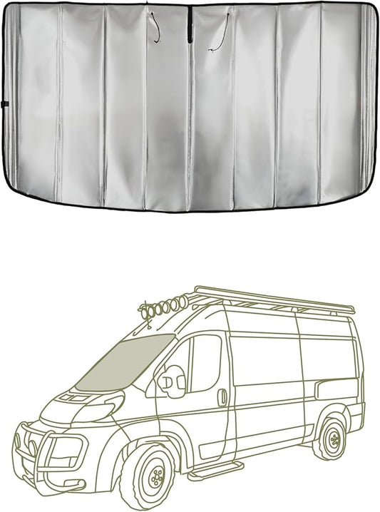 VanEssential Insulated Reflective Blackout Front Windshield Cover Designed for RAM Promaster Van Years 2014 to Current Model - Black Reflective