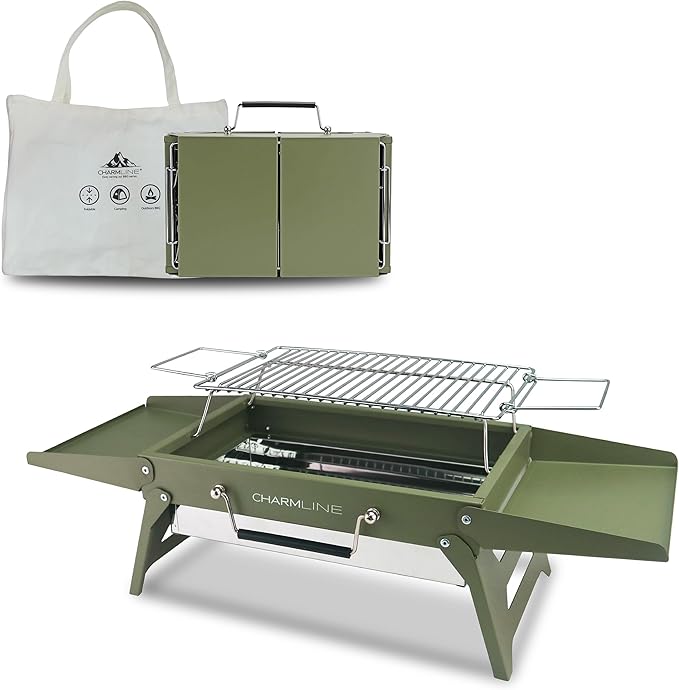 Charmline 14 x 9 inches Portable Charcoal BBQ Grill, Foldable Compact Camping Barbecue for 1–3 People, Ideal for Garden, Beach, Picnic & Tabletop Use, Green