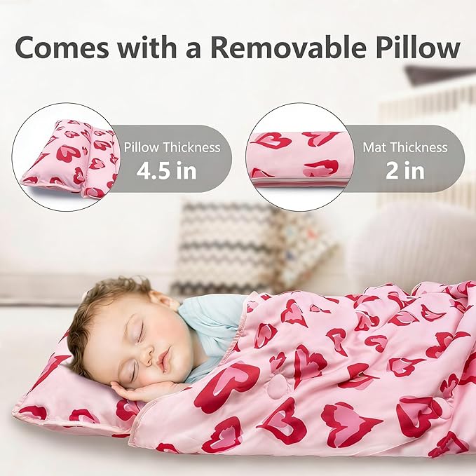 Primlect Toddler Nap Mat Extra Large Thickened 55''x35'', Soft Sleeping Bag with Detachable Minky Blanket and Pillow, Portable for Daycare, Preschool, Kindergarten, Travel, Boys and Girls