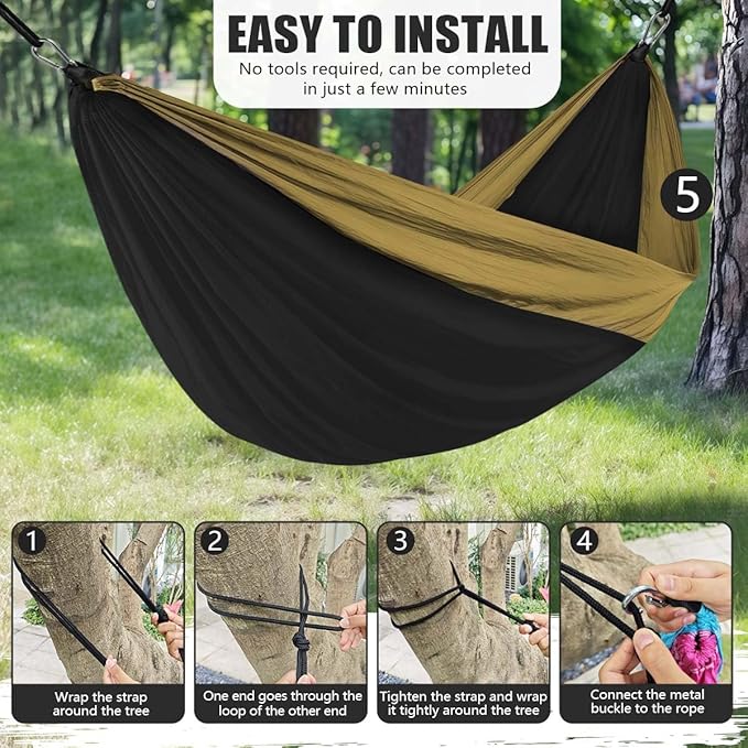 OBTANIM Camping Hammock 500lbs Portable Lightweight Single or Double Hammock with Tree Straps and Carry Bag for Camping Backpacking Hiking Travel Beach Outdoor Indoor (Camel and Black)